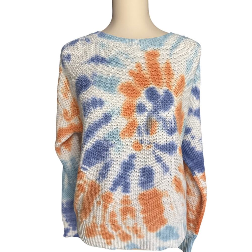 Ruby Rd. Blue Orange Tie Dye Relaxed Fit Open Knit Lightweight Sweater Small